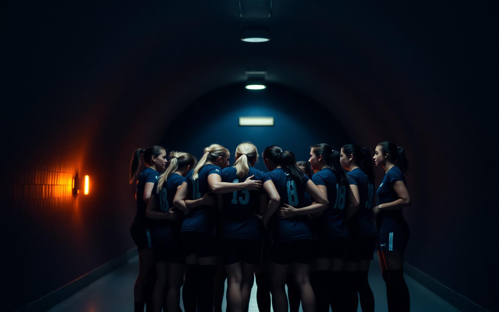 Time feminino reunido no túnel da arena antes do jogo