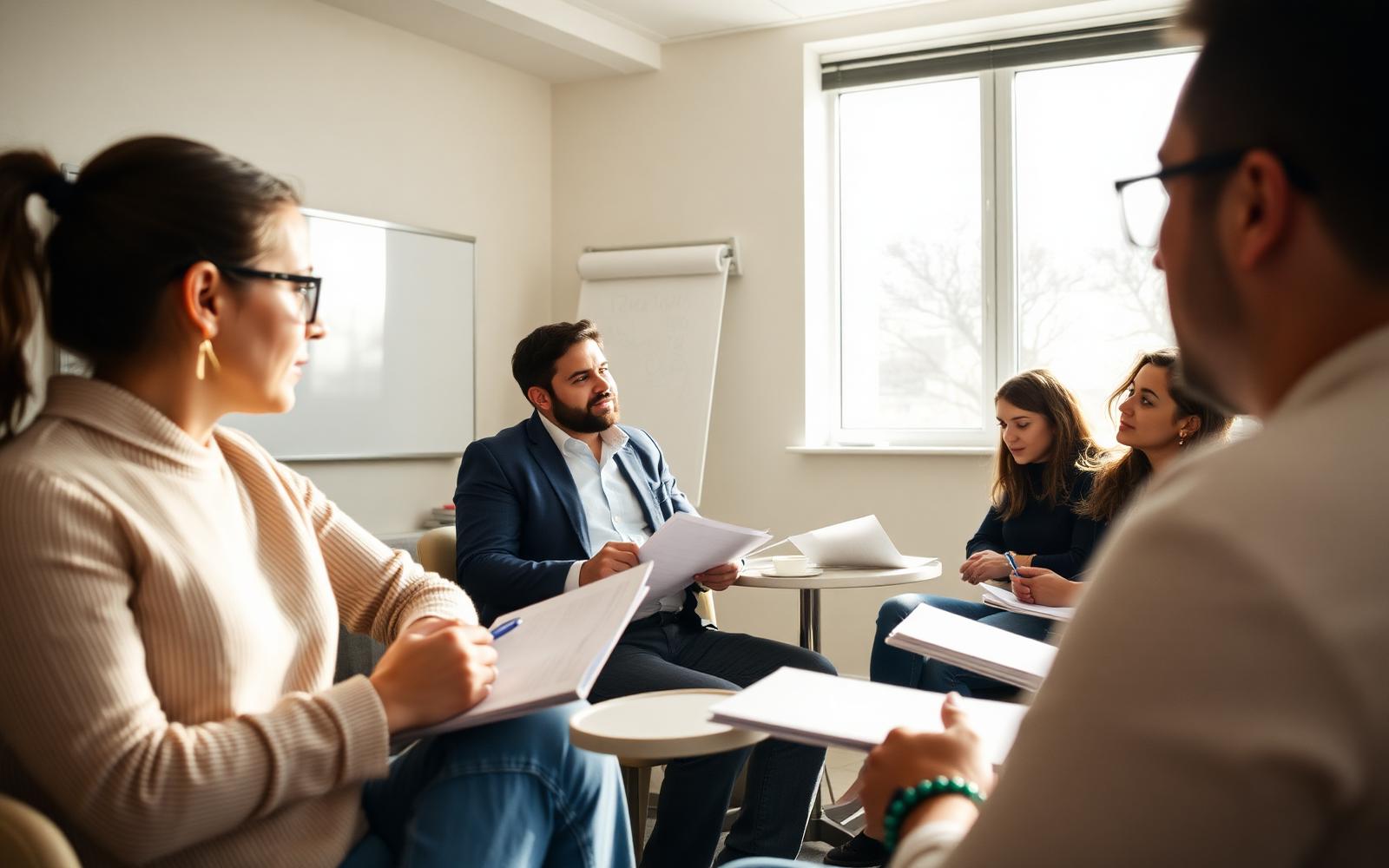 Grupo em formação profissional tomando notas em sala clara