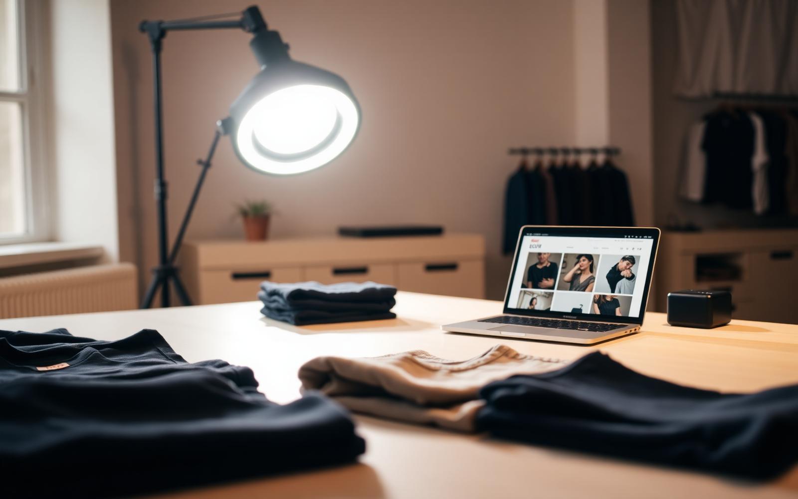 Peças de roupa e loja virtual aberta em um notebook