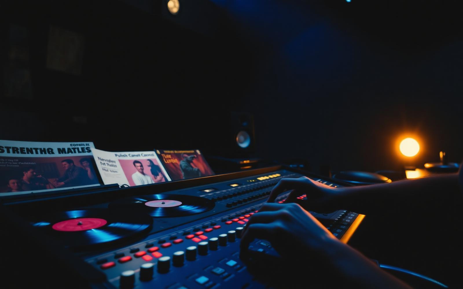 Mãos operando uma mesa de mixagem em estúdio musical
