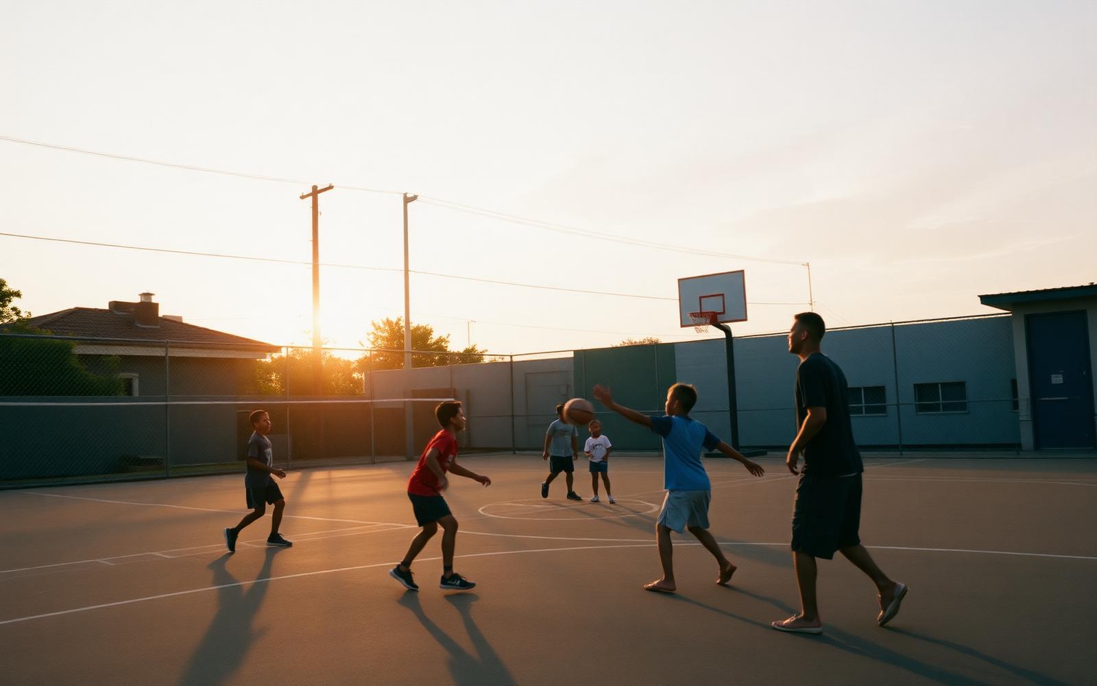 Crianças jogando em quadra comunitária no fim da tarde